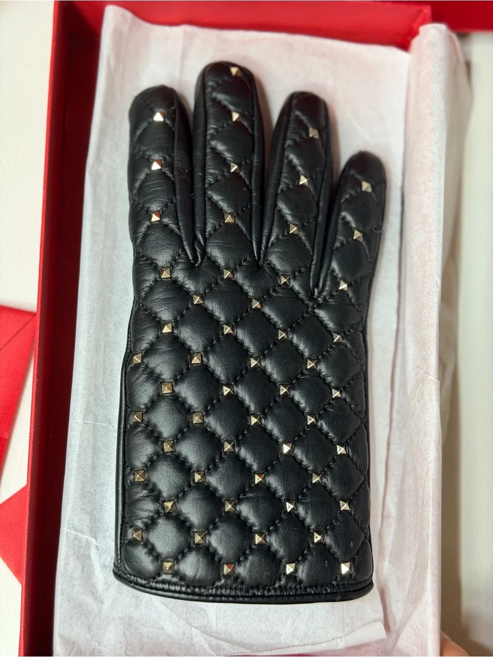 Coveted Valentino Black Quilted Leather Gloves Rockstud Full Box Set Like New